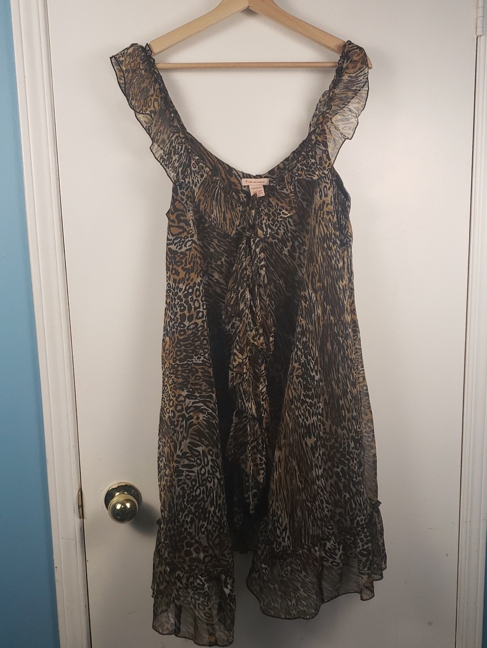 Y2K Fire Los Angeles Leopard Chiffon Mini Dress Sheer Ruffle Animal Print Large